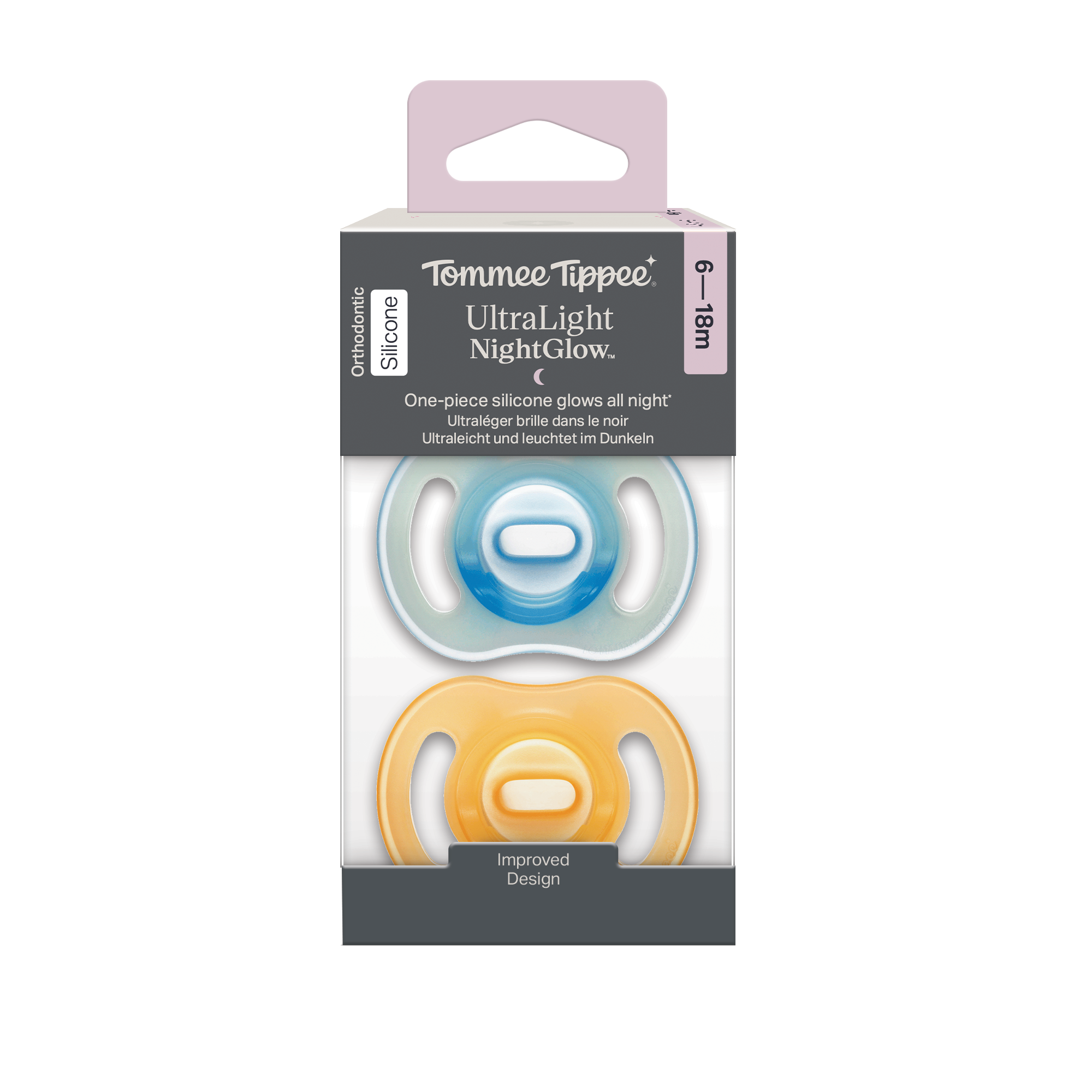 Tommee Tippee Ultra-light Night silikonový dudlík, 6-18m, 2 ks, oranžová a modrá