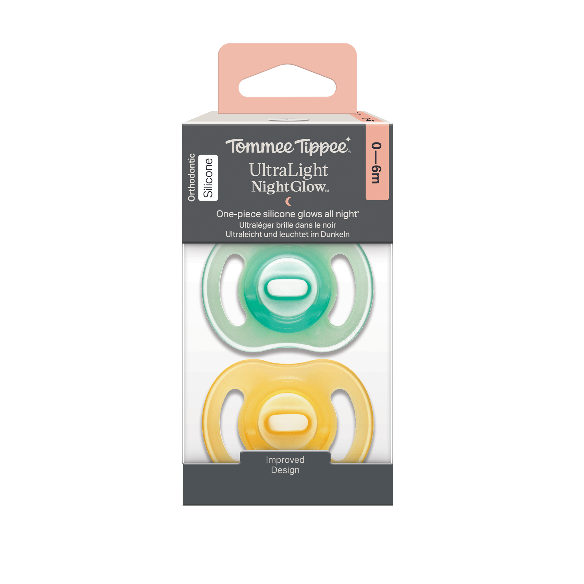 Tommee Tippee Ultra-light Night silikonový dudlík, 0-6m, 2 ks, oranžová a zelená